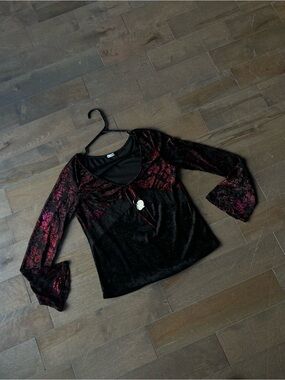 le chateau Black Velvet Long Sleeve Top with Burgundy Floral Accents
